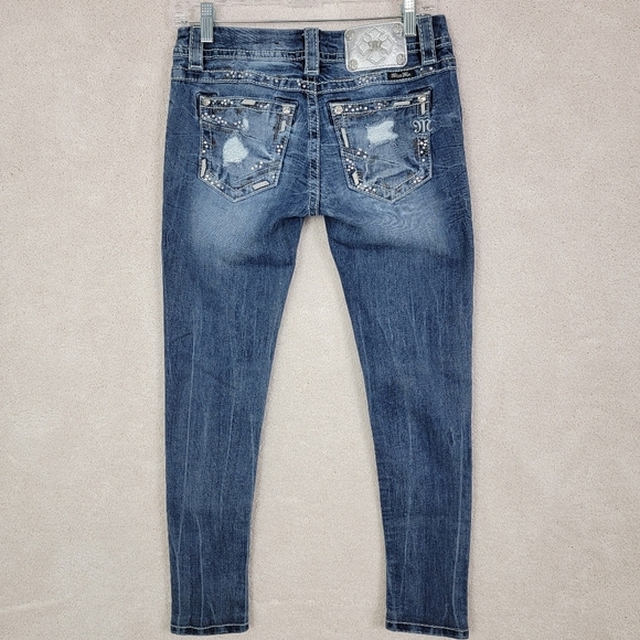 Miss Me Signature Skinny Bling Distressed Pockets Low Rise Denim Blue Jean Sz 27 - Picture 3 of 15